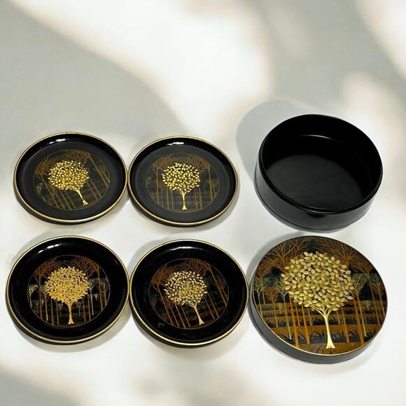Hand Crafted Otagiri Vtg  Japan Coaster lacquer Set Of 4 & container Asian pics - Picture 2 of 12